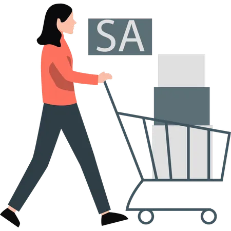 Young girl walking with shopping trolley  Illustration