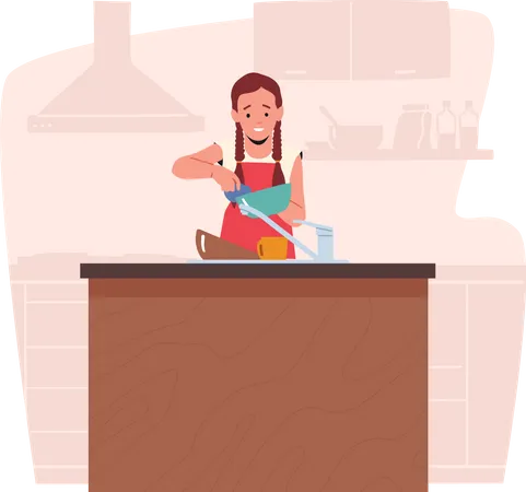Young Girl Wash Dishes at Home Kitchen  Illustration
