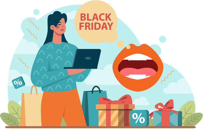 Young girl watching black friday shopping  Illustration
