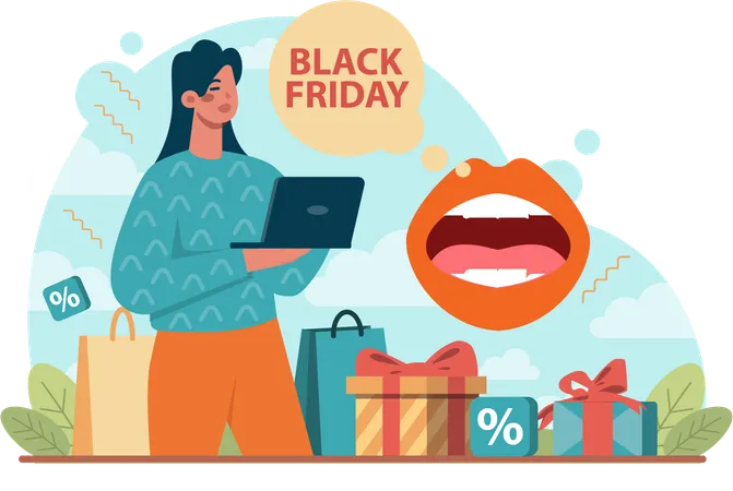 Young girl watching black friday shopping  Illustration