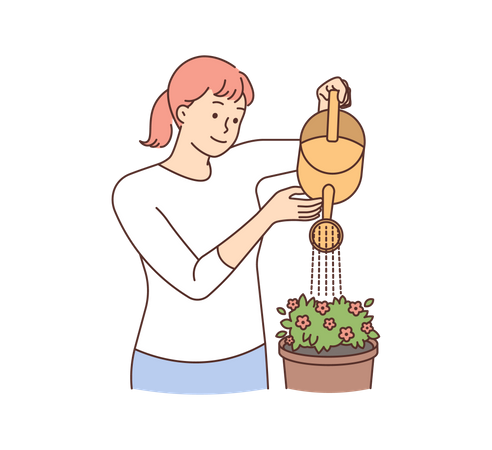 Young girl watering flower pot  Illustration