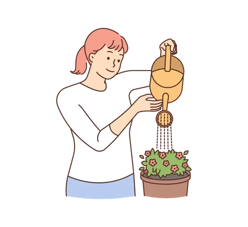 Young girl watering flower pot  Illustration