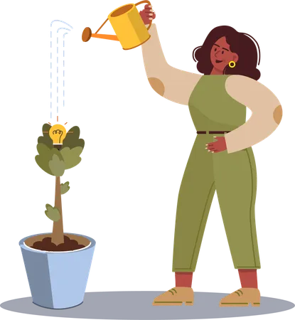 Young girl watering idea plant  Illustration
