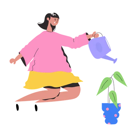 Person Watering Plant Pot Flat Illustration Illustration