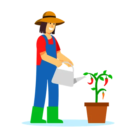 Young girl watering plant  Illustration
