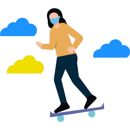 Young girl wearing a mask and skating on the road  Illustration