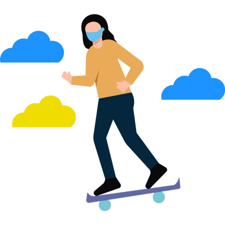 Young girl wearing a mask and skating on the road  Illustration