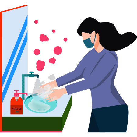 Young girl wearing a mask is washing her hands  Illustration