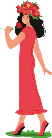 Young Girl Wearing Colorful Flower Crown And Red Long Dress  Illustration