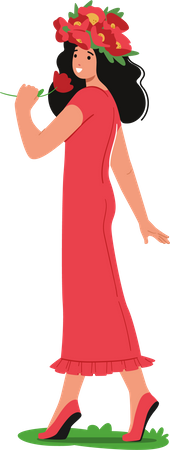 Young Girl Wearing Colorful Flower Crown And Red Long Dress  Illustration