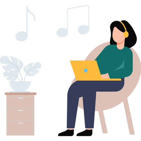 Young girl wearing headphones and using her laptop  Illustration