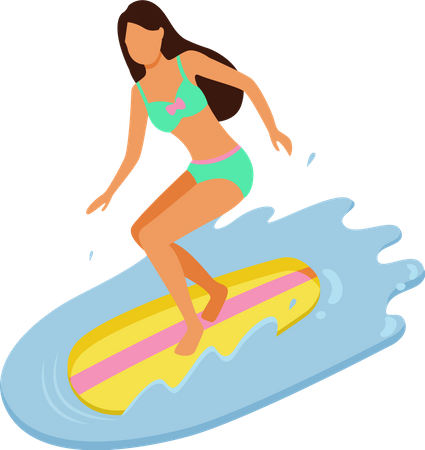 Young Girl Wearing Swimming Suit and enjoying Surfing  イラスト
