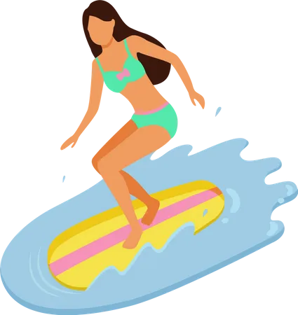 Young Beautiful Girl Wearing Light Green Swimming Suit Surfing In Ocean Woman With Long Brown Hair In Bikini On Surfboard Summer Vacation Water Sport Vector Summertime Activity イラスト