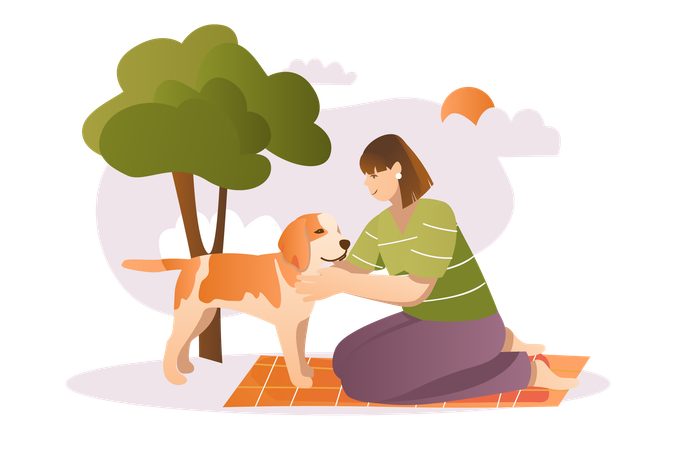 Young girl went for walk with her dog  Illustration