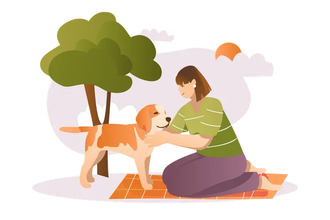 Young girl went for walk with her dog  Illustration