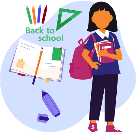 Young girl with a backpack and various school supplies prepares for her school day  Illustration