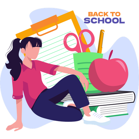 Young girl with a backpack and various school supplies prepares for her school day  Illustration