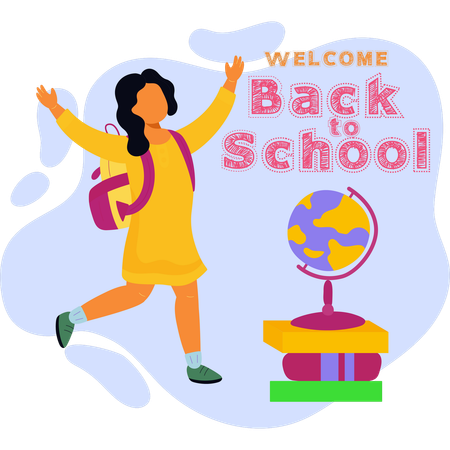Young girl with a backpack and various school supplies prepares for her school day  Illustration