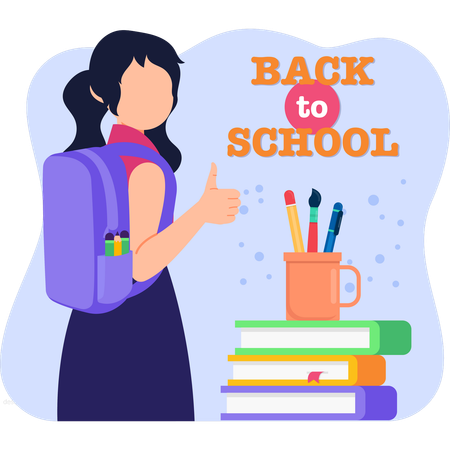Young girl with a backpack and various school supplies prepares for her school day  Illustration