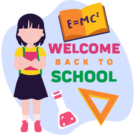 Young girl with a backpack and various school supplies prepares for her school day  Illustration