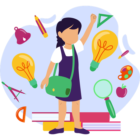 Young girl with a backpack and various school supplies prepares for her school day  Illustration