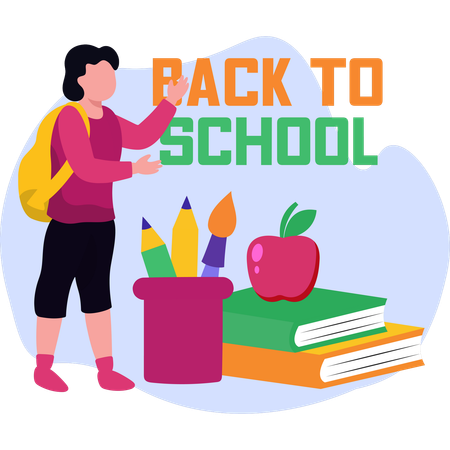 Young girl with a backpack and various school supplies prepares for her school day  Illustration
