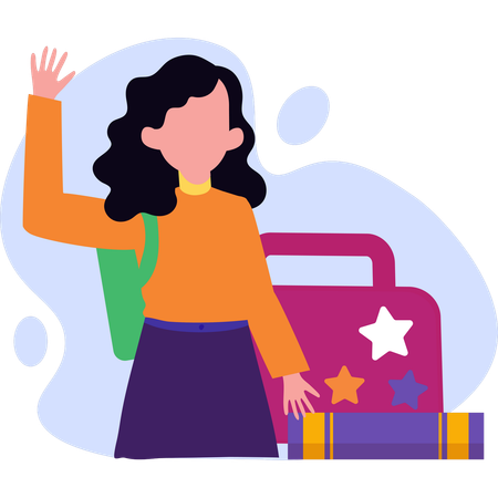 Young girl with a backpack and various school supplies prepares for her school day  Illustration