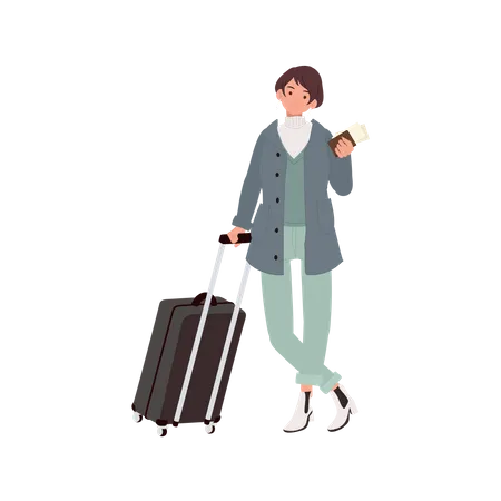 Young Girl with bag and passport  Illustration