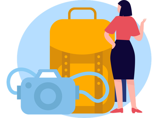 Young girl with camera and backpack going for summer trip  Illustration