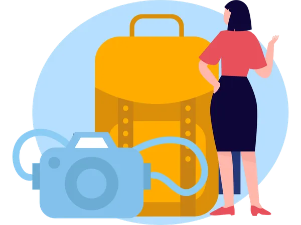 Young girl with camera and backpack going for summer trip  Illustration