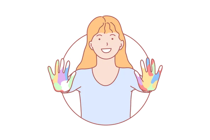 Amity Learning Hands Play Concept Smiling Young Girl With Open Colorful Hands Happy Schoolgirl With Painted Arms Learning Friendship Play Friendliness Integration Lifestyle Simple Flat Vector Illustration