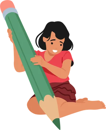 Young Girl With Oversized Pen  Illustration