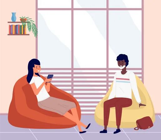 A Girl With A Phone Sits On A Soft Pouf African American Man In Medical Mask Talking To A Woman Female Character Chatting Or Watching News On Her Smartphone Guy Communicates With His Friend Illustration