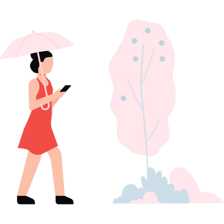 Young girl with umbrella walking  イラスト