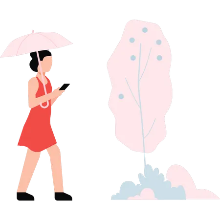 Young girl with umbrella walking  Illustration
