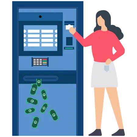 Young Girl Withdraw Cash From Automated Teller Machine  Illustration