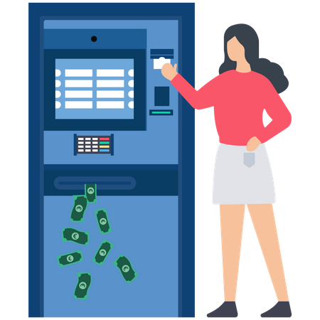 Young Girl Withdraw Cash From Automated Teller Machine  Illustration