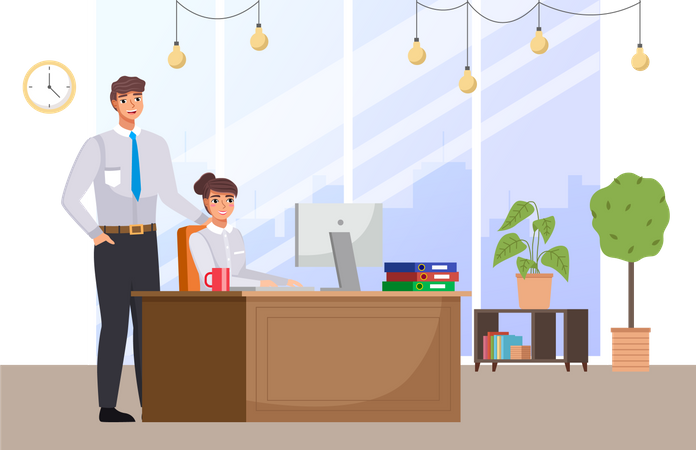 Young girl working in office at  laptop  Illustration