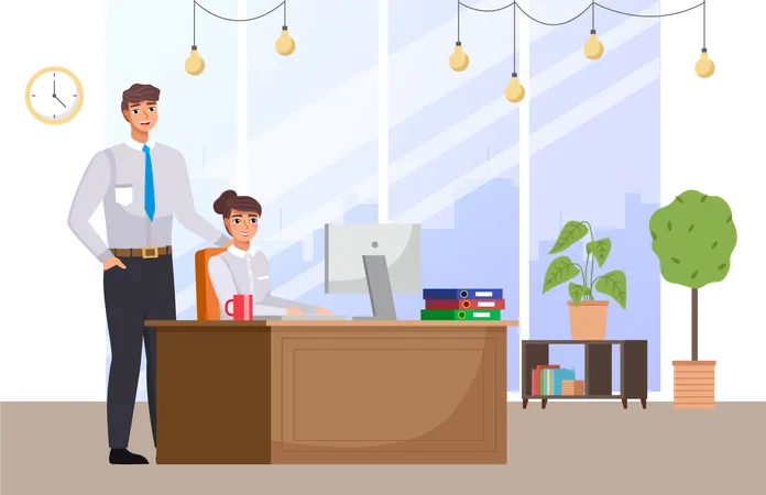 The Girl Works In The Office At A Laptop The Guy With A Tie Smiles And Looks On The Business Lady The Boss Helps The Employee To Cope With The Task Colleagues Spend Time At The Workplace Together Illustration