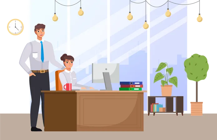 Young girl working in office at  laptop  Illustration