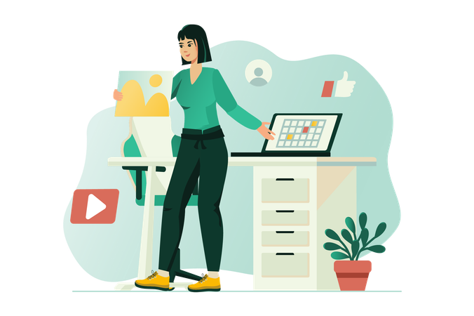 Young girl working on creating content for clients Illustration