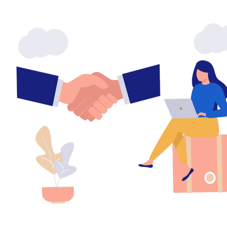 Young girl working on laptop for business deal  Illustration