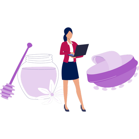 Young girl working on laptop while find herbal product  Illustration