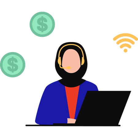Young Girl Working Online On Laptop  일러스트레이션
