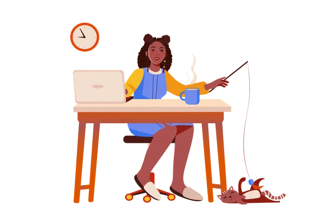 Young girl works at home and plays with cat during break  Illustration