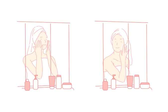 Young girls applying moisturizer in bathroom  일러스트레이션