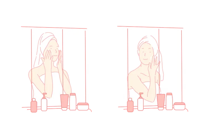 Skin Care Eco Cosmetics Beauty Habit Concept Young Woman In Bathroom Girl Applying Moisturizer Natural Cosmetic Product Use Skin Cleaning Procedure Face Care Simple Flat Vector Illustration