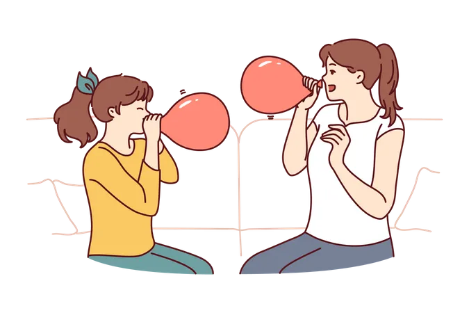 Young girls are inflating balloons  イラスト