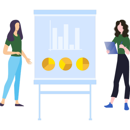 Young Girls are standing next to a graph chart board  Illustration