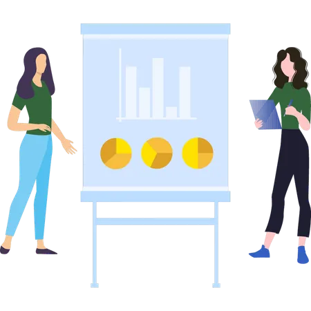 Young Girls are standing next to a graph chart board  Illustration